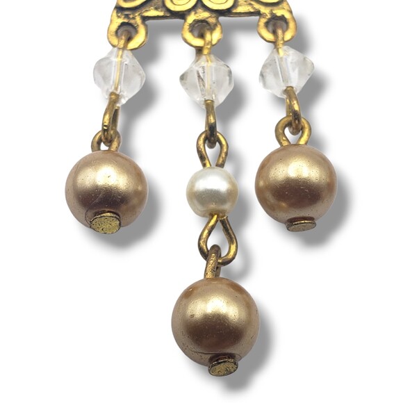 Vintage Gold Brass Tone Dangle Drop Chandelier Faux Pearl Hook Earrings - Picture 5 of 7